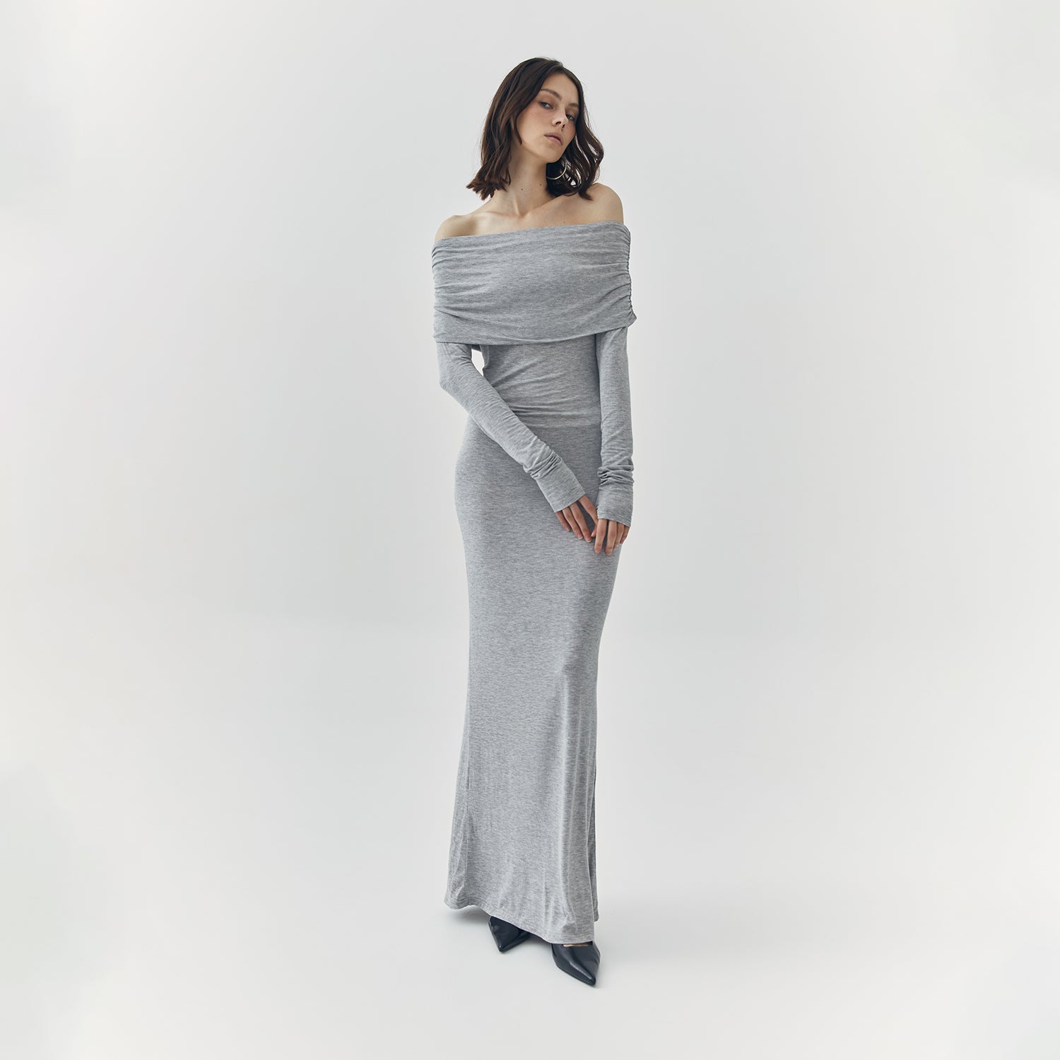 off the shoulder grey maxi dress Charcoal Off Shoulder Maxi Dress