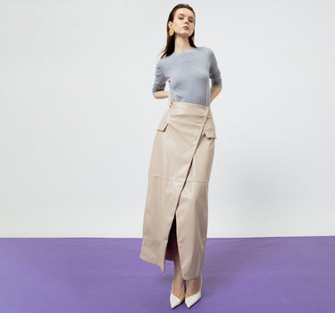 BEATRIX CREME FAUX LEATHER MIDI SKIRT