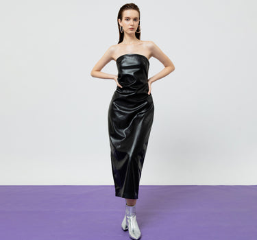 SIENNA BLACK LEATHER TUBE MIDI DRESS