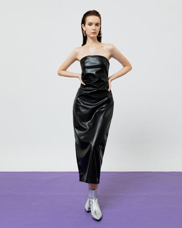 SIENNA BLACK LEATHER TUBE MIDI DRESS