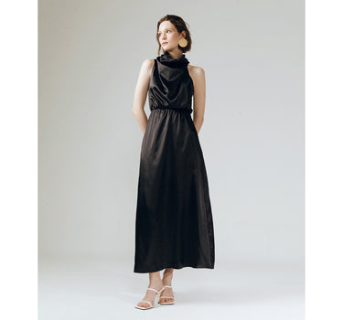 AMELIA BLACK RUFFLE NECK DRESS