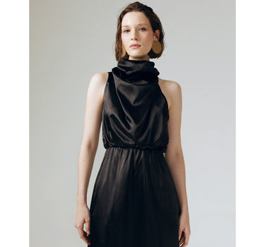 AMELIA BLACK RUFFLE NECK DRESS