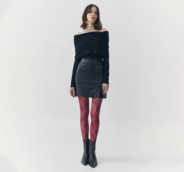 TESS BLACK CROC EMBOSSED LEATHER MINI SLIT SKIRT